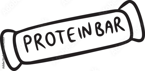 Black and white line art vector illustration of protein bar snack with text
