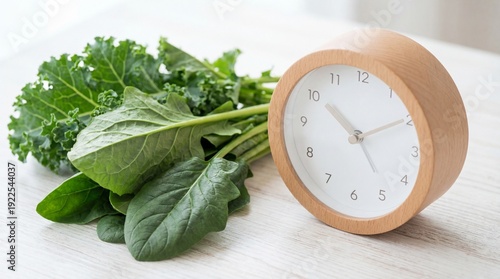 A wooden clock rests beside...