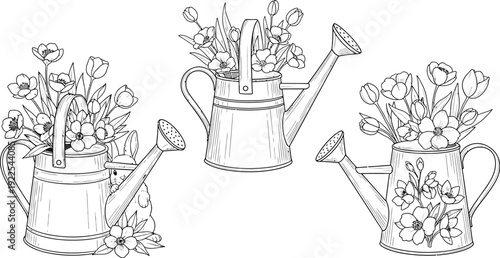 Beautiful flower watering cans illustration in black and white style