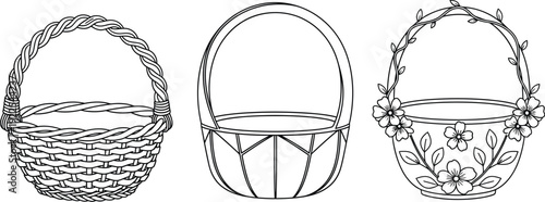 Three different baskets illustrations with unique designs and handle styles