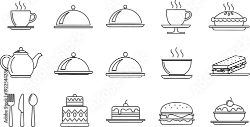 Restaurant Food and Beverage Line Icon Set with Coffee, Tea, Burger, Cake, Cloche, Sandwich and Kitchen Utensils Outline Vector Collection