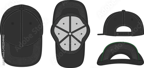 cap, hat, baseball, apparel, accessory, fashion, casual, sportswear, headwear, outline, template, mockup, technical, drawing, vector, illustration, design, front, back, adjustable