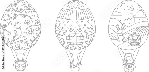 Three decorated easter eggs in hot air balloon baskets illustration