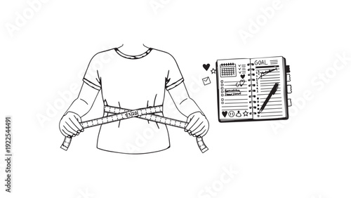 Waist Measurement with Tape and Goal Planner – Weight Loss and Fitness Progress Concept for Health Programs and Diet Campaign