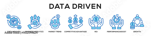 Blue - Data Driven web banner icon vector illustration concept for business with icon of Data Insights, Business Analytics, Market Trend, Competitive Advantage, ROI, Performance Boost,.