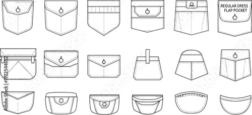 pocket, template, sewing, garment, fashion, apparel, clothing, flap, patch, outline, technical, drawing, vector, illustration, design, collection, detail, tailoring, accessory, set
