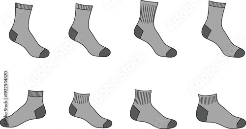 socks, footwear, apparel, clothing, fashion, accessory, casual, sportswear, activewear, collection, outline, template, mockup, vector, illustration, design, set, ankle, crew, cotton