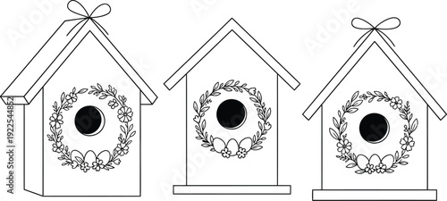 Simple black and white line drawing birdhouses with floral wreaths decor