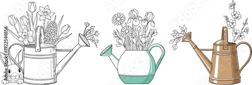 Watering cans with flowers colorful digital illustration for gardening purposes perfectly