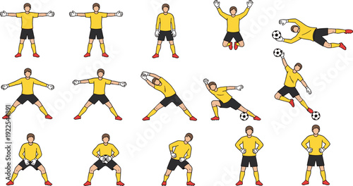 Soccer Player Training and Goalkeeper Action Poses Set with Football Practice Exercises Cartoon Vector Illustration Collection