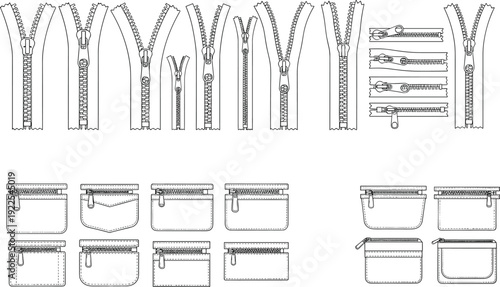 zipper, pocket, sewing, garment, accessory, fashion, apparel, hardware, outline, technical, drawing, vector, illustration, design, collection, detail, template, fastener, pouch, set