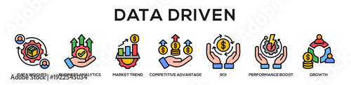 Linecolor - Data Driven web banner icon vector illustration concept for business with icon of Data Insights, Business Analytics, Market Trend, Competitive Advantage, ROI, Performance Boost,.