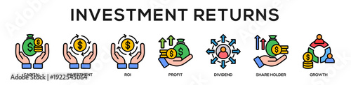 Linecolor - Investment Returns web banner icon vector illustration concept for business with icon of Capital, Investment, ROI, Profit, Dividend, Share Holder,.