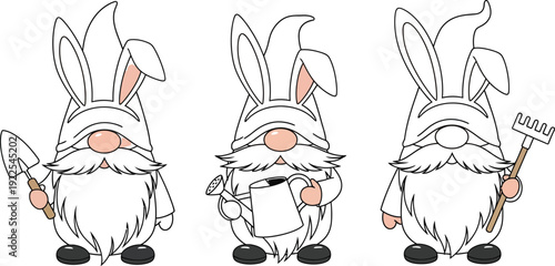 Three cute easter gnomes with gardening tools on white background