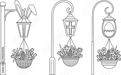 Three easter themed hanging baskets on lamp posts with flowers and decorations