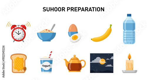 Icons illustrating items and concepts related to Suhoor preparation