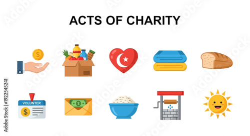 Illustrations representing Acts of Charity arranged in two rows