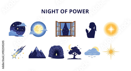 Collection of ten night celestial and spiritual icons under the heading NIGHT OF POWER