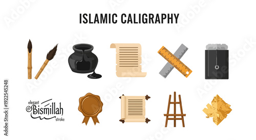 Islamic calligraphy tools and script icons arranged in two rows