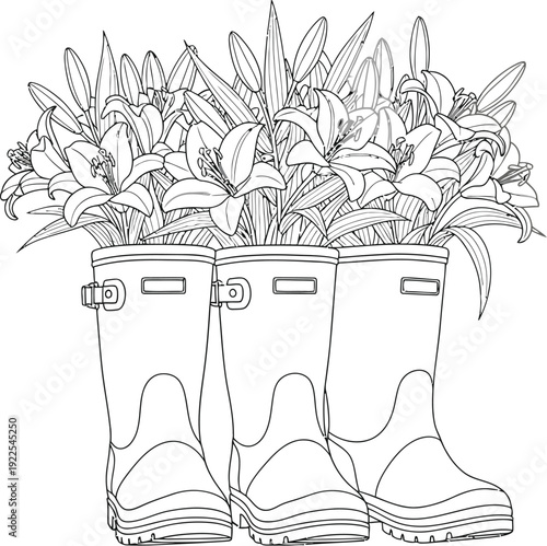 Pair of rubber boots filled with lily flowers illustration in black and white