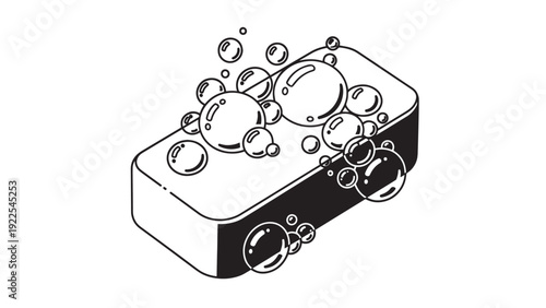 Cartoon style soap dispenser with bubbly suds illustrating a cleansing routine in a bathroom scene.