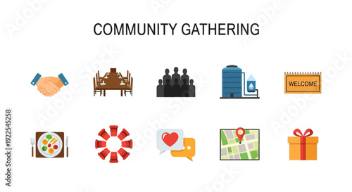 A collection of ten icons representing various aspects of a community gathering