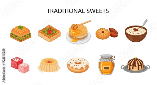 Ten illustrations of various traditional sweets displayed in two rows