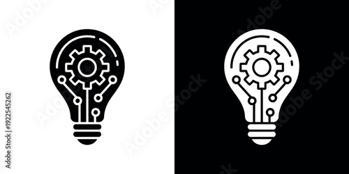 Black and white light bulb with gear and circuit board