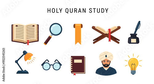 Flat icons related to Holy Quran study including books a scholar and a lightbulb