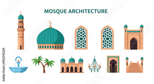 Collection of illustrated elements representing mosque architecture features