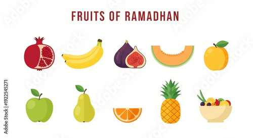 Ten illustrations of fruits including pomegranates bananas figs melon apricot apple pear orange slice pineapple and fruit salad