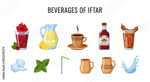Assortment of Iftar beverages and related ingredients illustrated on a white background