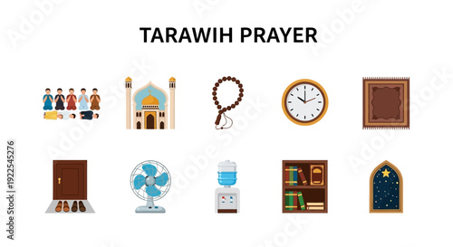 Illustration of items related to Tarawih Prayer including people praying a mosque prayer beads and a clock