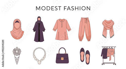 Illustration of various items related to modest fashion including clothing and accessories