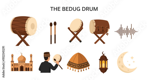 Illustrations of the Bedug drum mosque drummer lantern and crescent moon