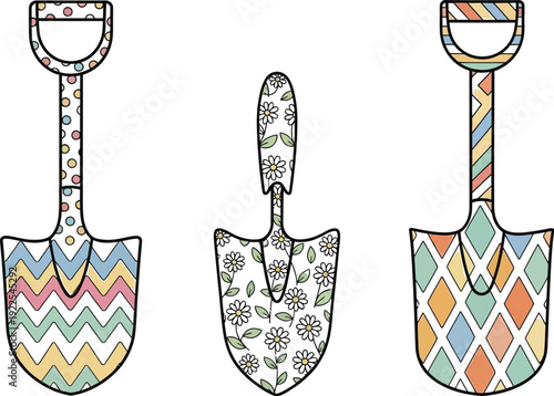 Three decorative garden shovels with unique pastel pattern designs displayed together