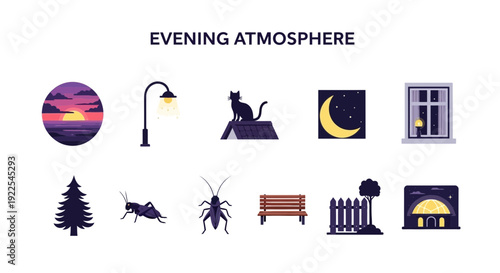 Collection of dark flat vector icons illustrating various elements of an evening atmosphere