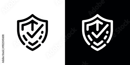 Black and white shield with arrows and checkmarks symbol