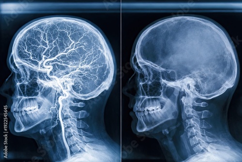 X-ray images showing side-by-side sagittal views of human skulls, contrasting cerebral arterial blood flow in a state of coma with a lack of cerebrovascular activity indicating brain death