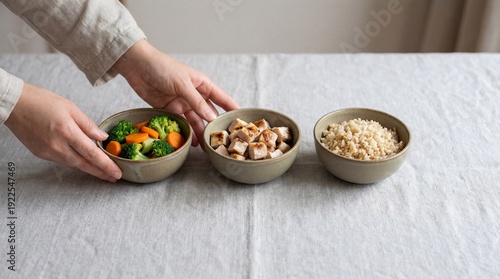A person arranging three ce...