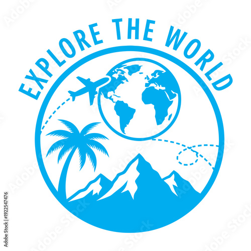 Globe Icon with Plane and Mountains.