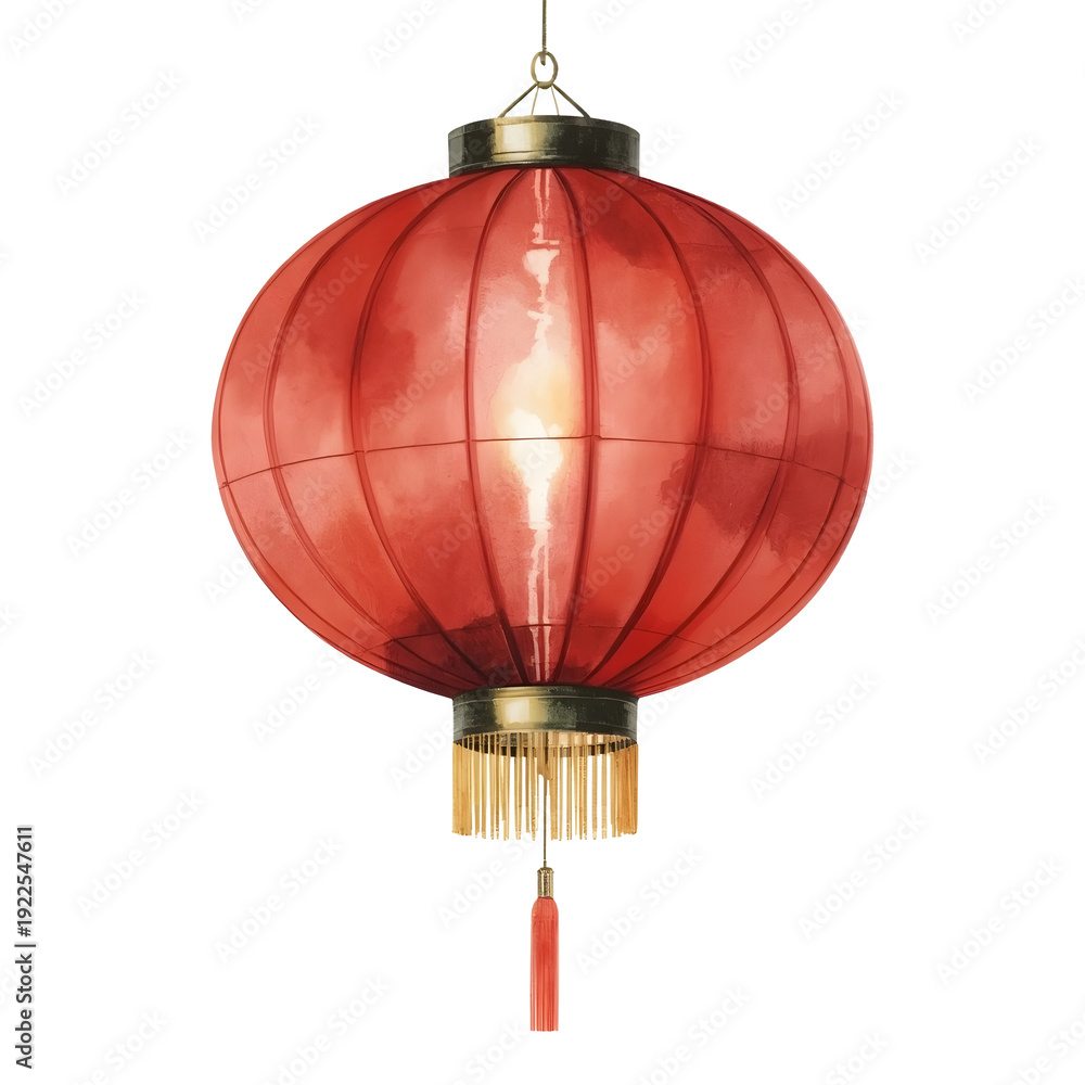 Fototapeta premium Elegant red lantern with golden accents for lunar new year celebrations hanging on white