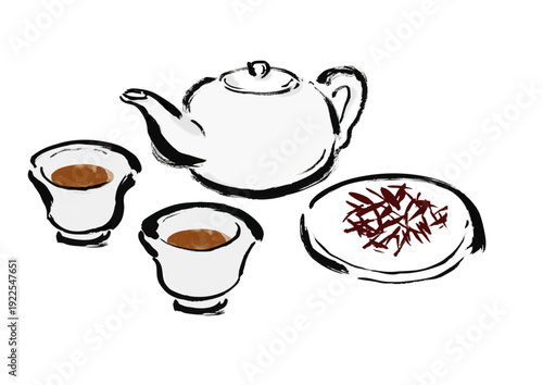 湯呑みと急須に入った中国茶のと茶葉の和風筆イラスト素材