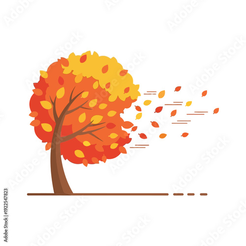 Autumn Tree Blown by Wind with Falling Leaves, Isolated