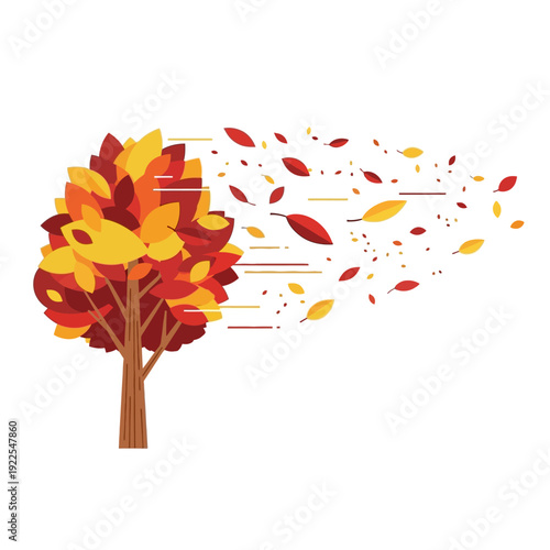 Autumn tree losing leaves in strong wind, vector illustration