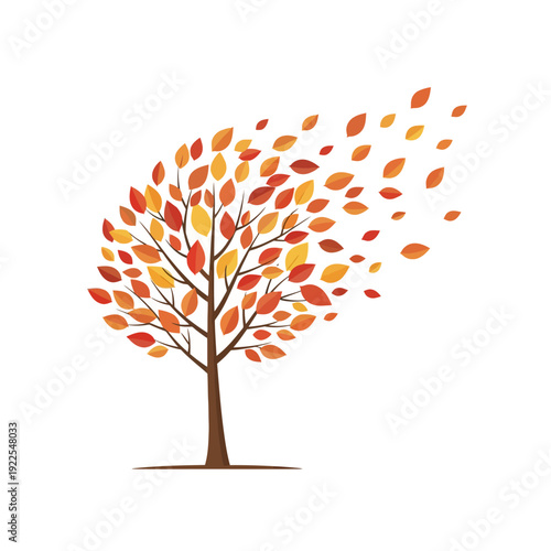 Autumn Tree with Falling Leaves Blown by Wind, White Background