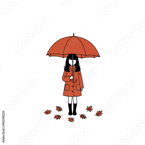 Child with Umbrella and Autumn Leaves, Minimalist Design