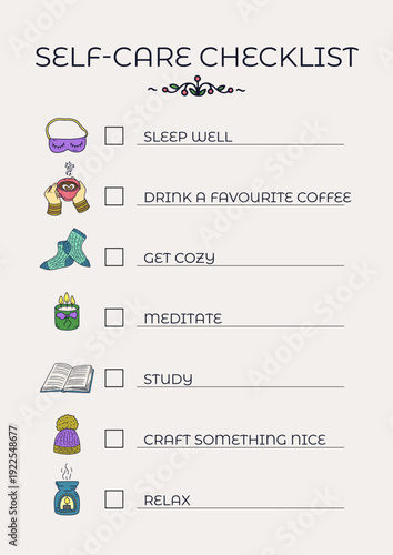 Self care checklist template with line art icons