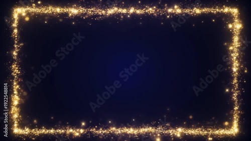 Glowing rectangular frame made of golden shimmering particles on a dark blue backdrop, perfect for event announcements or awards ceremonies.