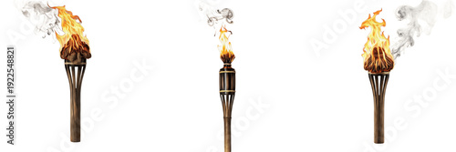 Quadro su tela Set of Flaming Tiki Torches PNG, Bamboo Garden Torch with Fire and Smoke, Tropic